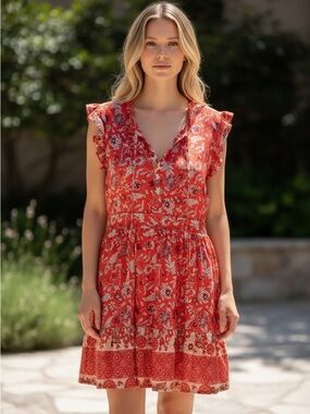 ZABERRY Women’s Coral & Pink Boho Floral Ruffle Sleeve Dress Size XL